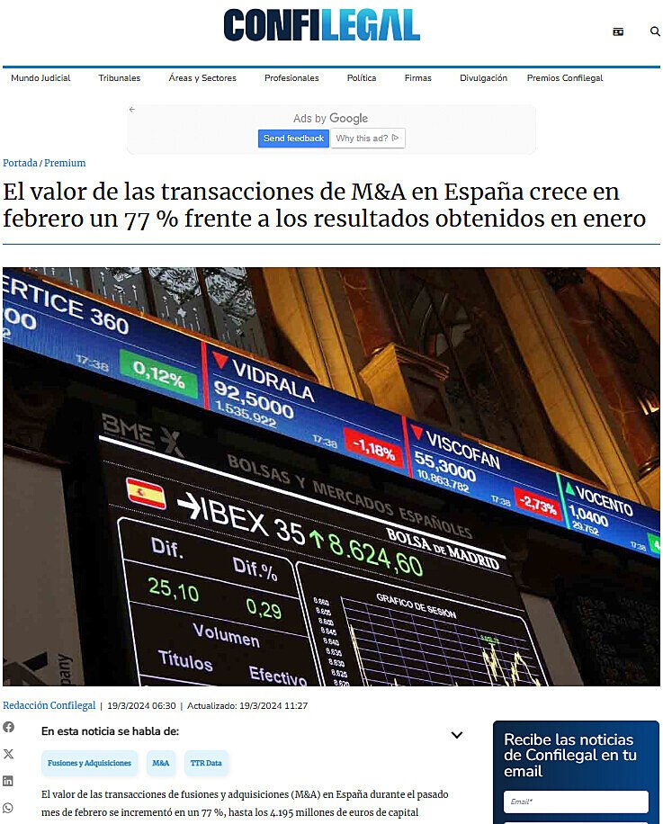 El valor de las transacciones de M&A en Espaa crece en febrero un 77 % frente a los resultados obtenidos en enero